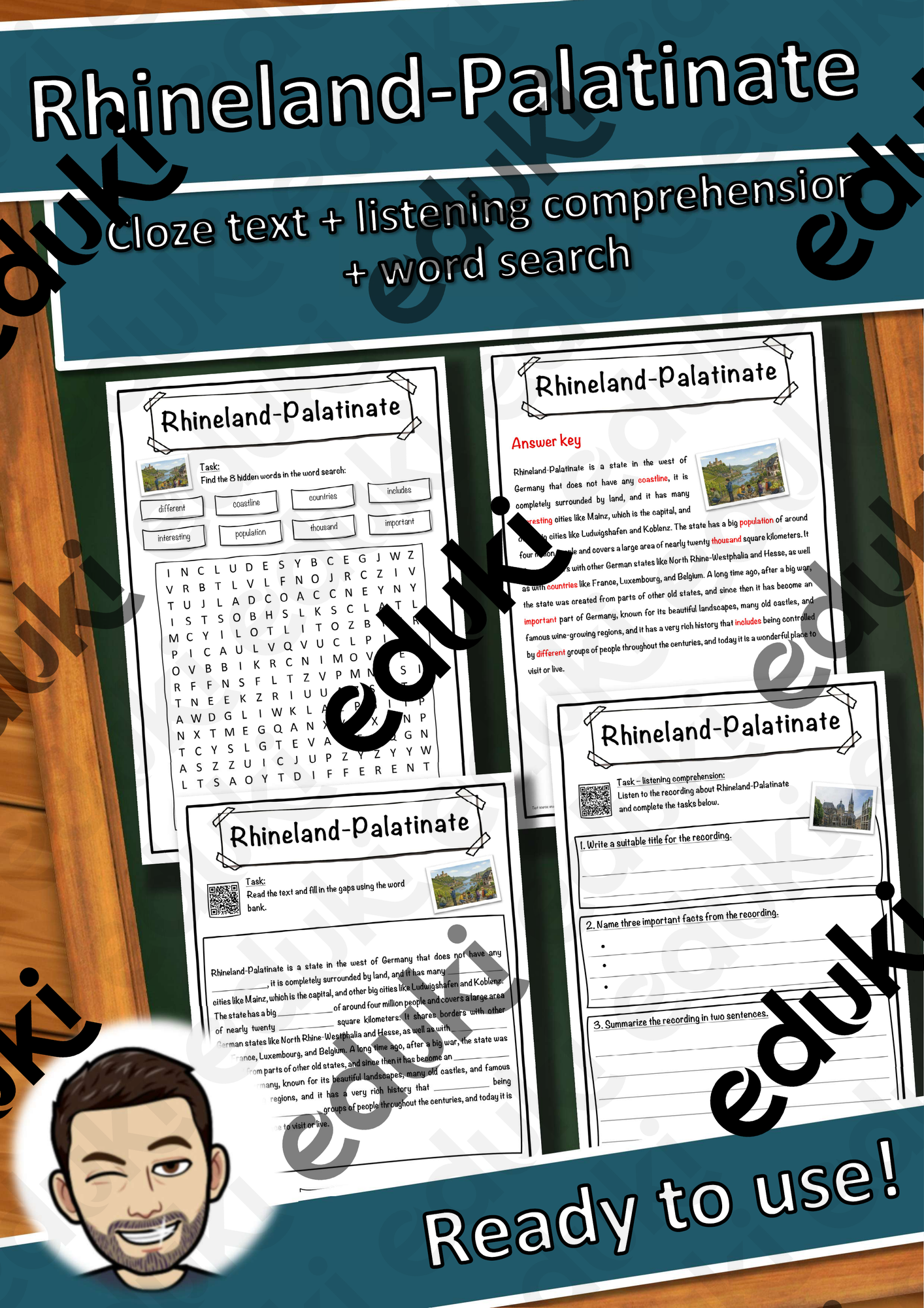 Rhineland-Palatinate – Worksheet: cloze text, listening comprehension and word search - English