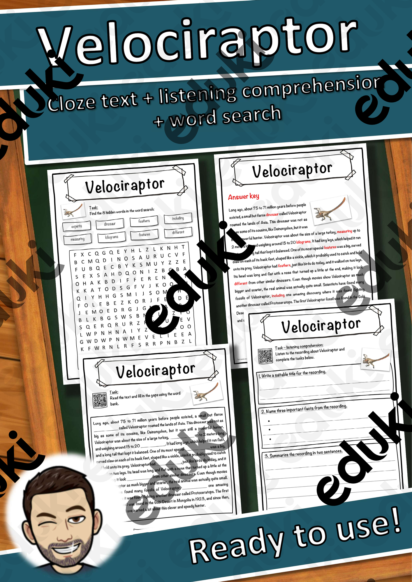 Velociraptor – Worksheet: cloze text, listening comprehension and word search - English