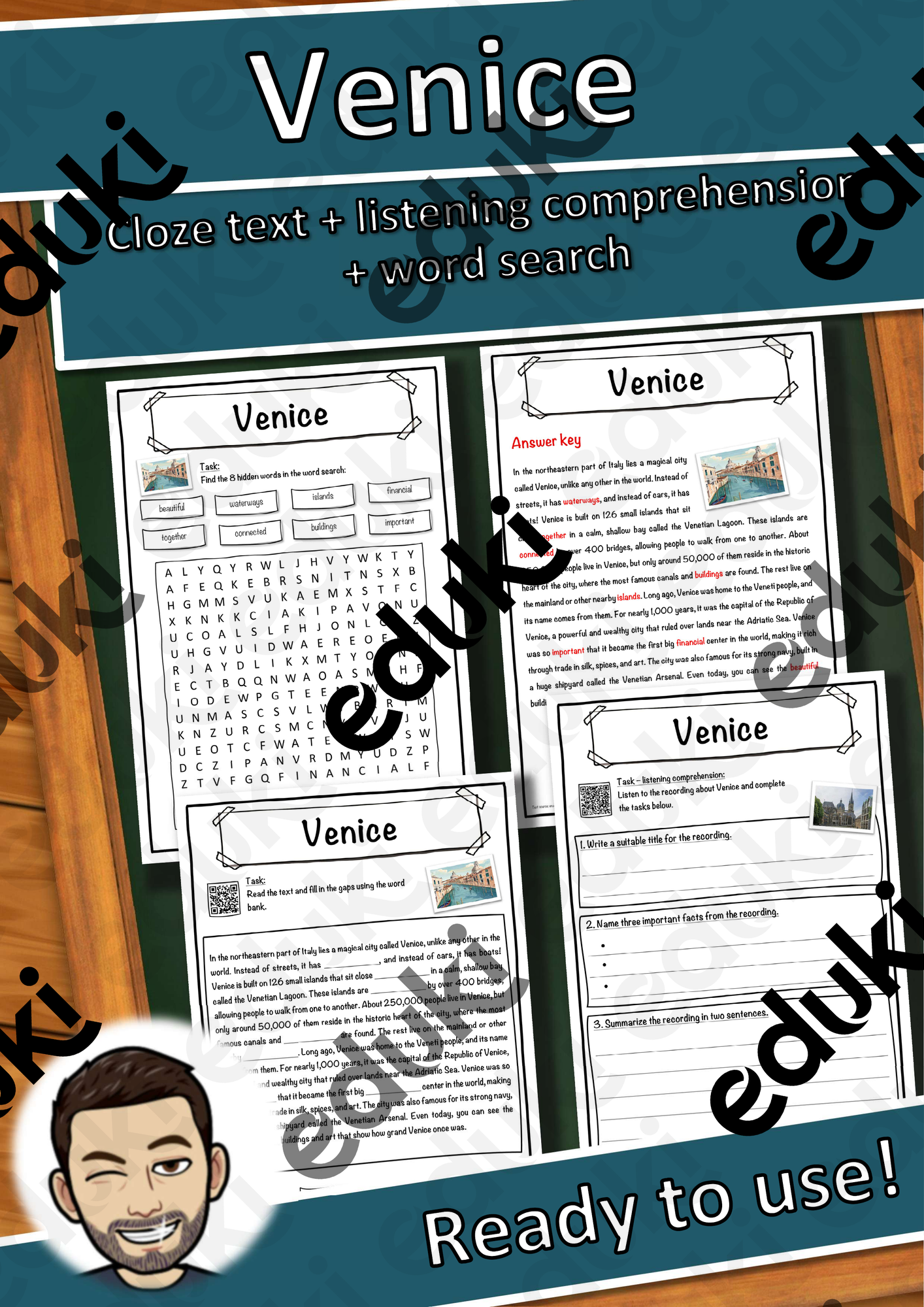 Venice – Worksheet: cloze text, listening comprehension and word search - English