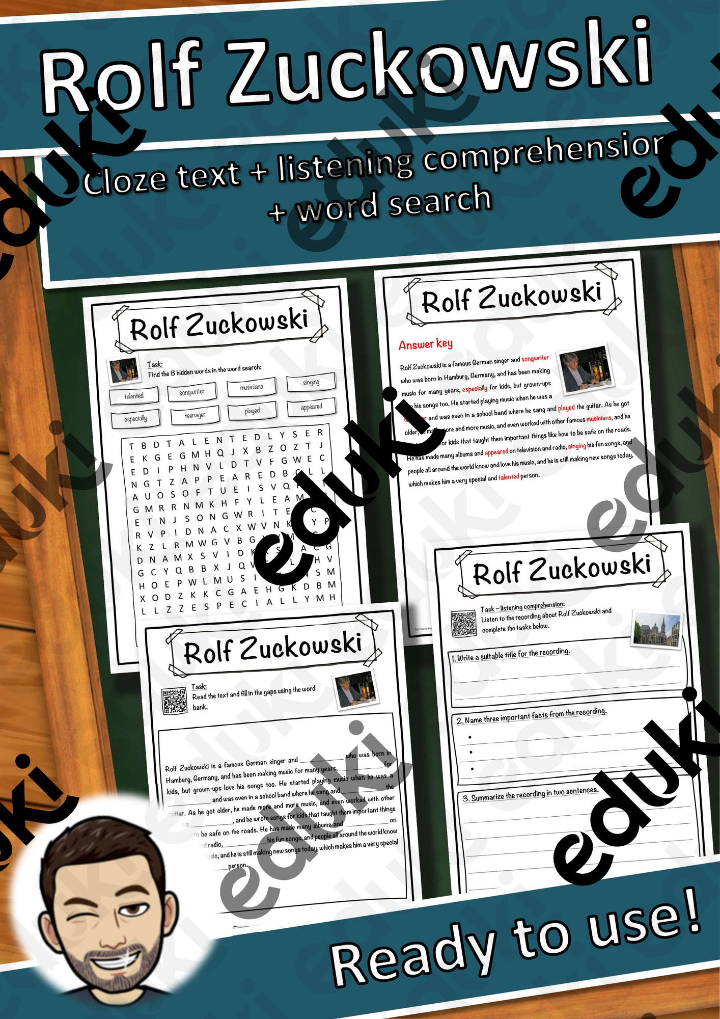 Rolf Zuckowski – Worksheet: cloze text, listening comprehension and word search - English