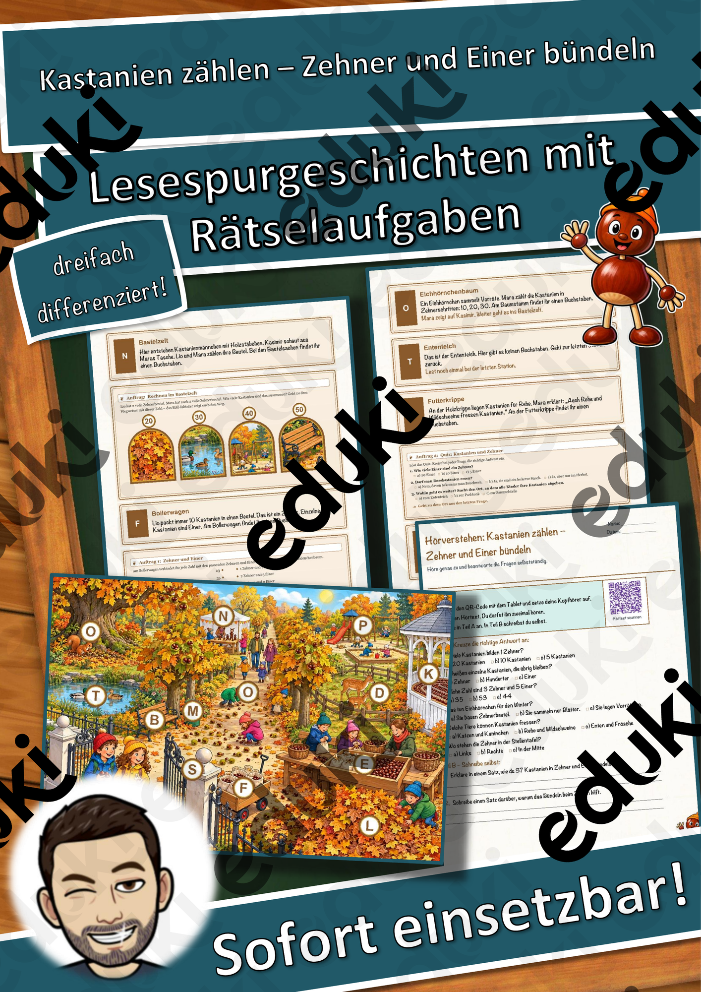 Kastanien zählen – Zehner und Einer bündeln – Lesespurgeschichte mit Rätselaufgaben (Klasse 2)