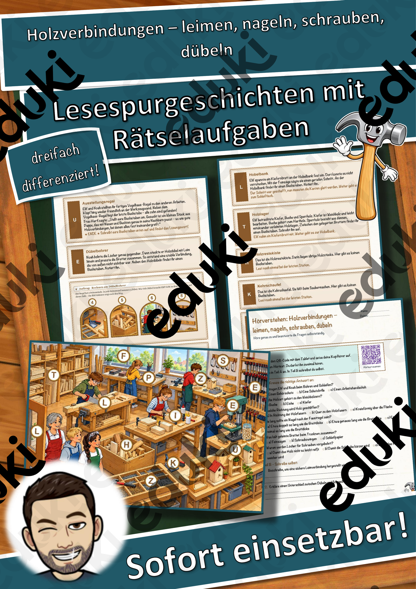 Holzverbindungen – leimen, nageln, schrauben, dübeln – Lesespurgeschichte mit Rätselaufgaben (Klasse 6)