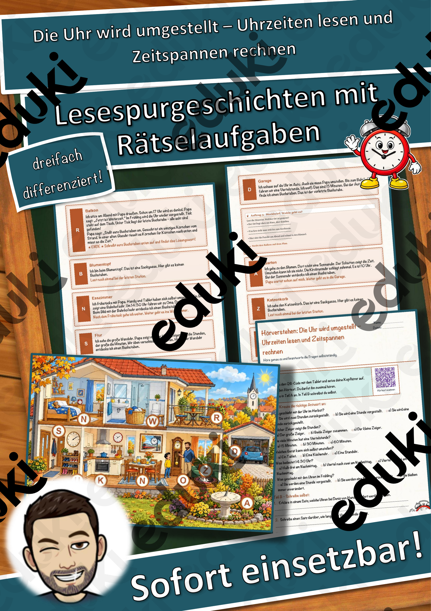 Die Uhr wird umgestellt – Uhrzeiten lesen und Zeitspannen rechnen – Lesespurgeschichte mit Rätselaufgaben (Klasse 3)
