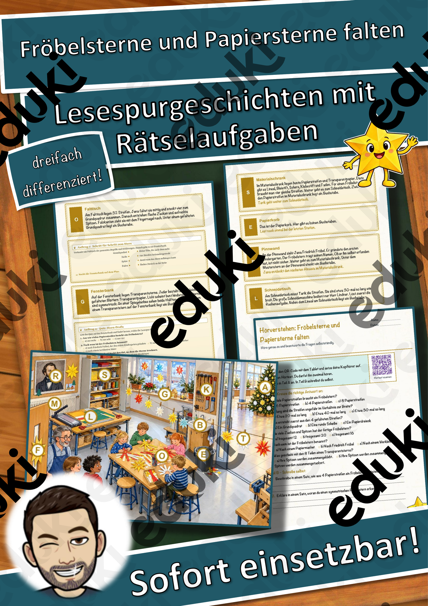 Fröbelsterne und Papiersterne falten – Lesespurgeschichte mit Rätselaufgaben (Klasse 4)