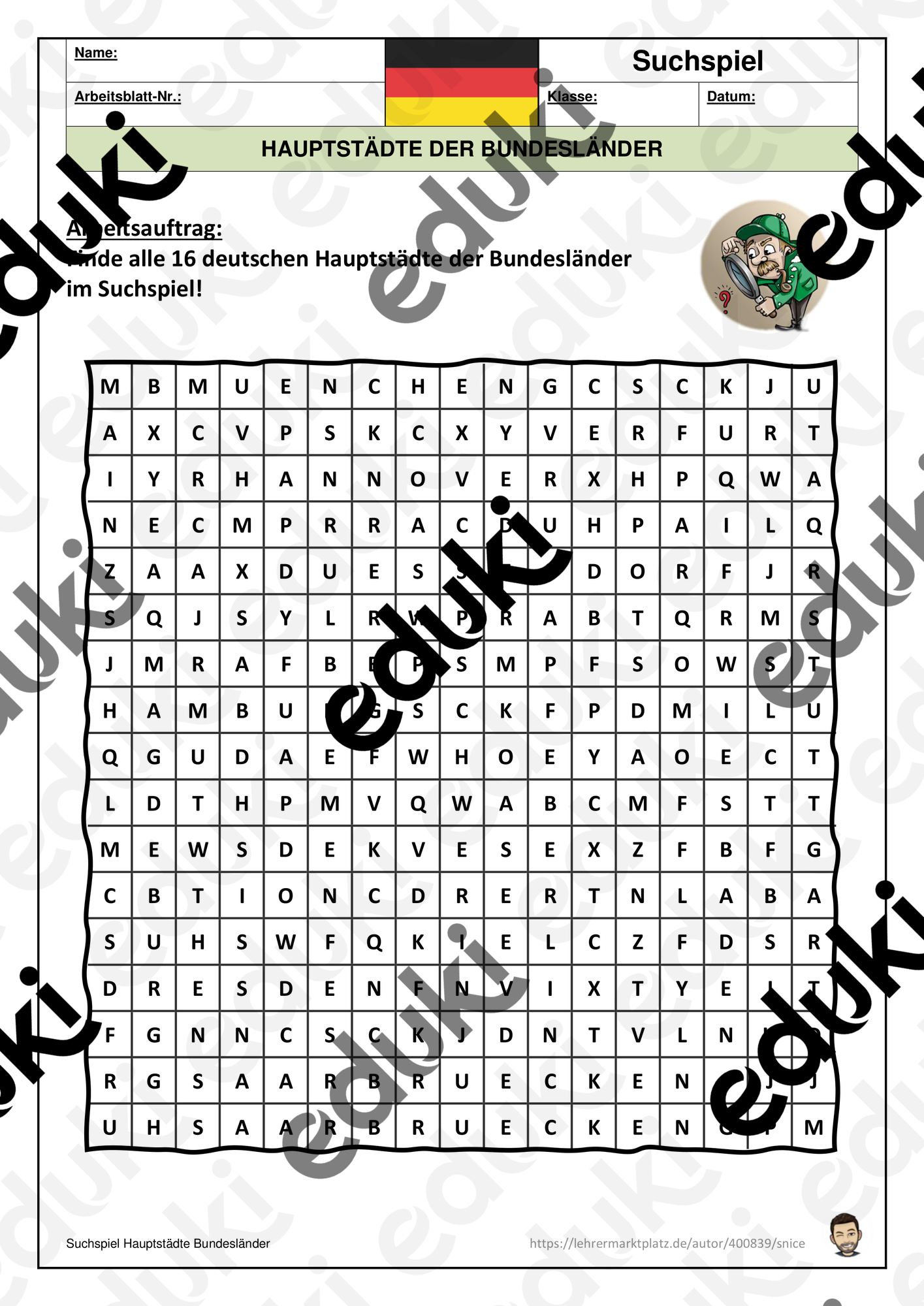 Suchspiel (Suchsel) Hauptstädte Bundesländer (Buchstabengitter) #demokratiestärken
