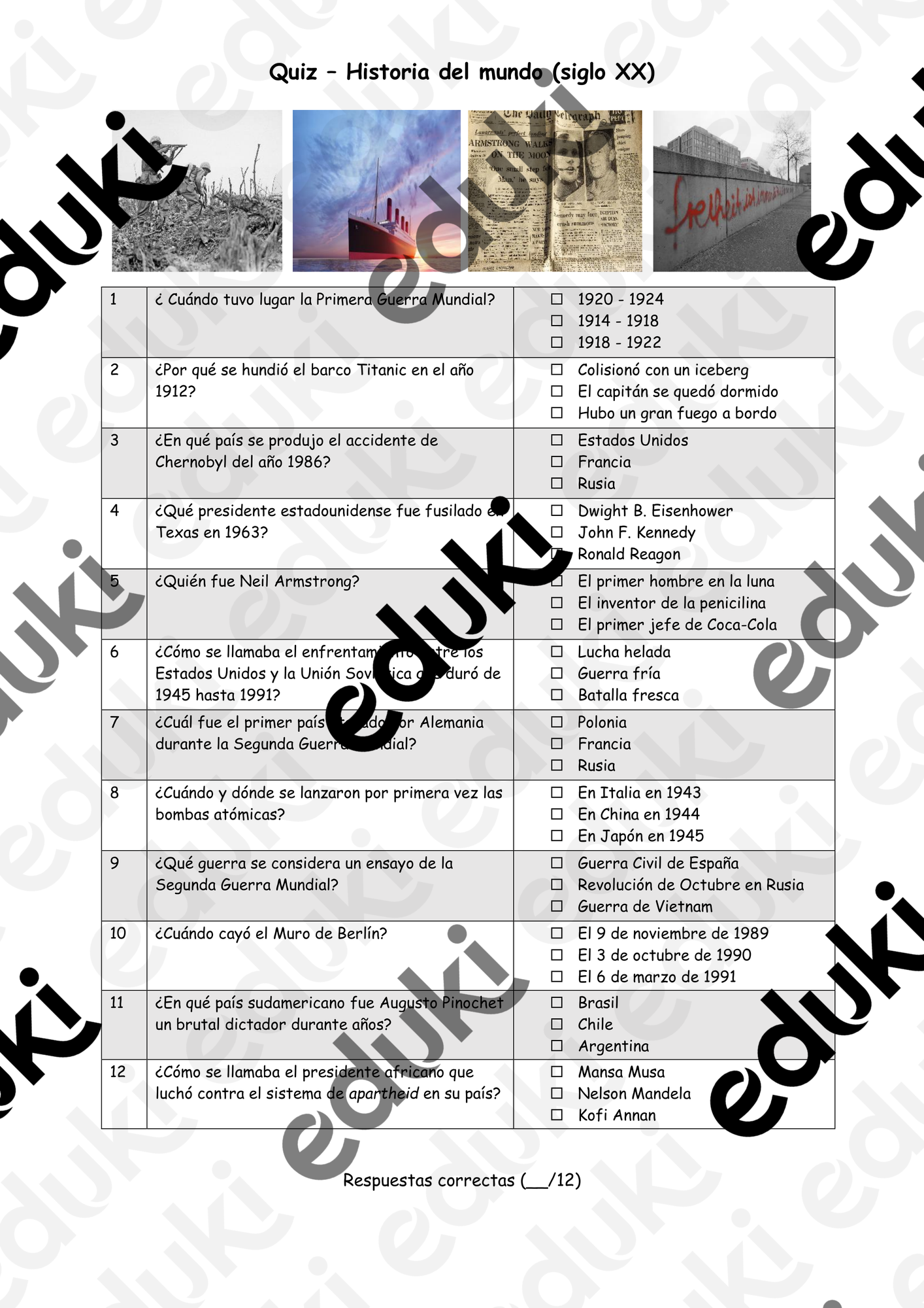 Quiz - Historia del mundo (siglo XX) - material didáctico de las