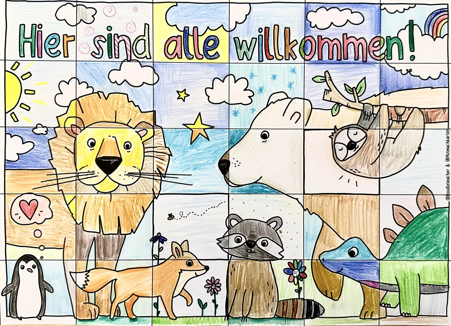 Bild in der Beschreibung des Unterrichtsmaterials "Hier sind alle willkommen!" - Kooperatives Poster mit 🦊 Tieren von @mutmachkarten von Doodleteacher #2