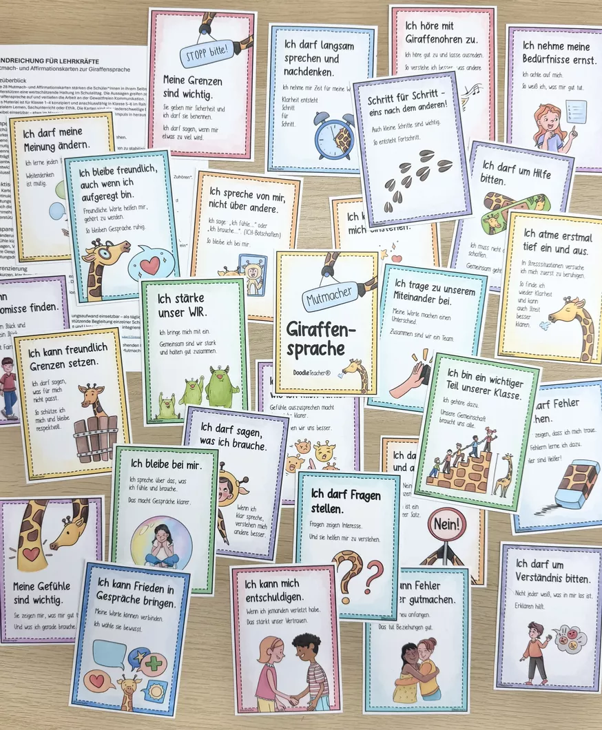 Bild in der Beschreibung des Unterrichtsmaterials 28 Mutmachkarten und Affirmationen zur Giraffensprache – Gewaltfreie Kommunikation stärken von Doodleteacher #2
