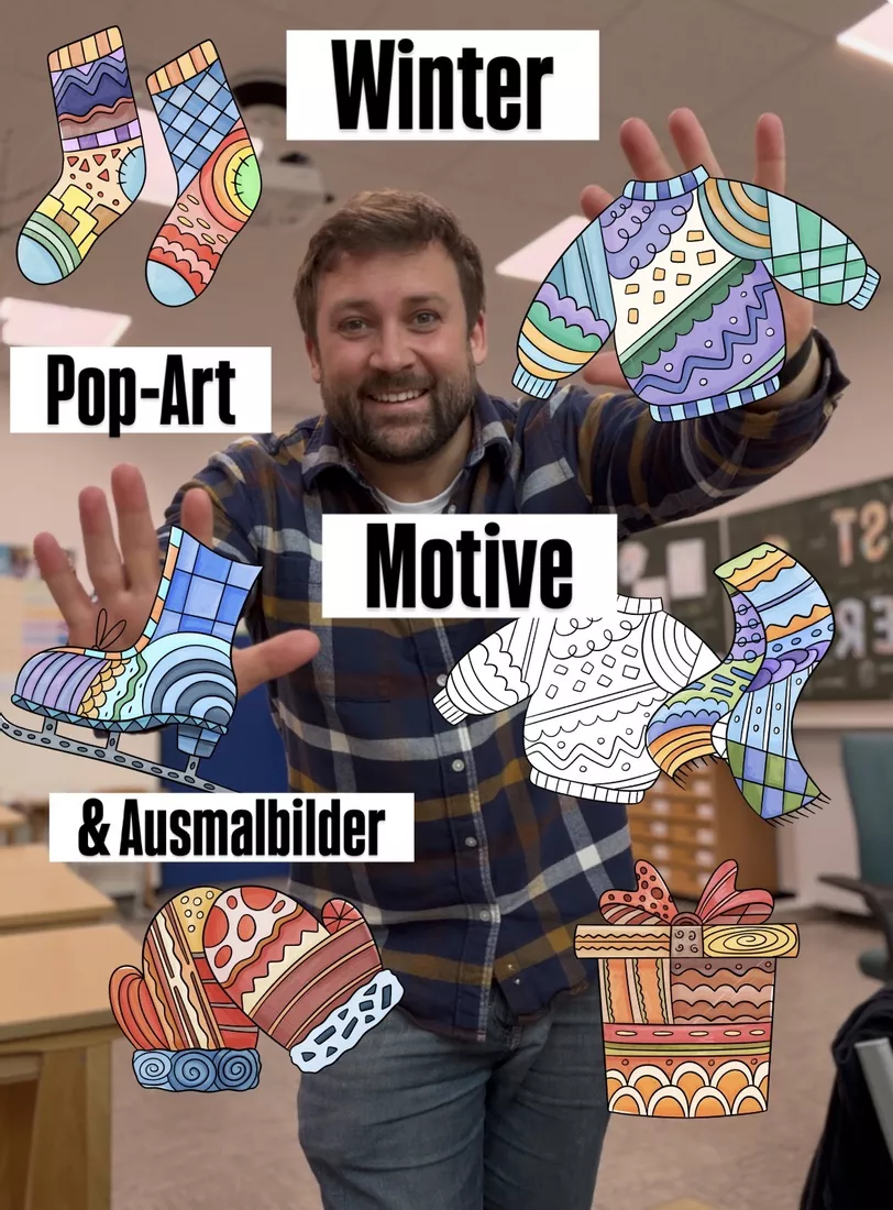 Bild in der Beschreibung des Unterrichtsmaterials 7 Winter Pop-Art Bilder (Blanko, Muster & bunt) - Kreative Malvorlagen von Doodleteacher #1