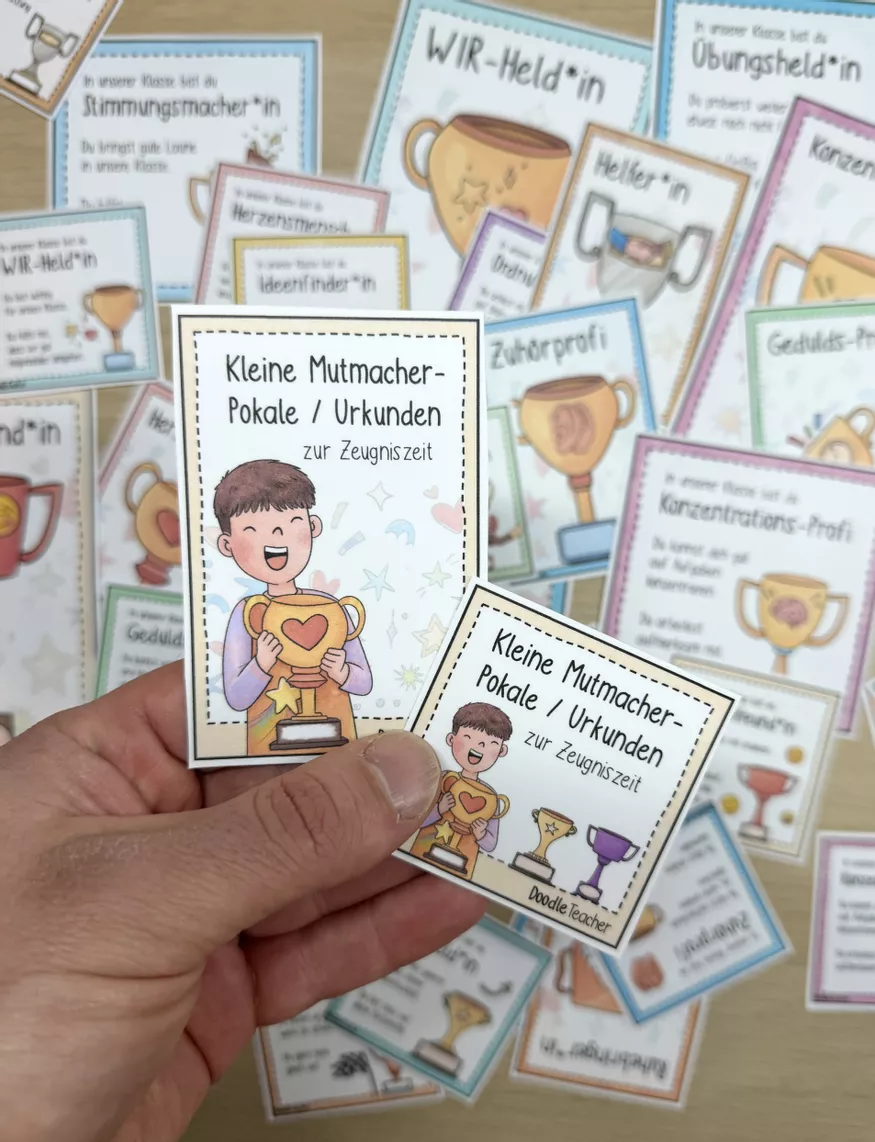 Bild in der Beschreibung des Unterrichtsmaterials 34 Mutmacher - Urkunden / Pokale als Zeugniszusatz / Zeugnis / Kinderzeugnis Mut von Doodleteacher #4