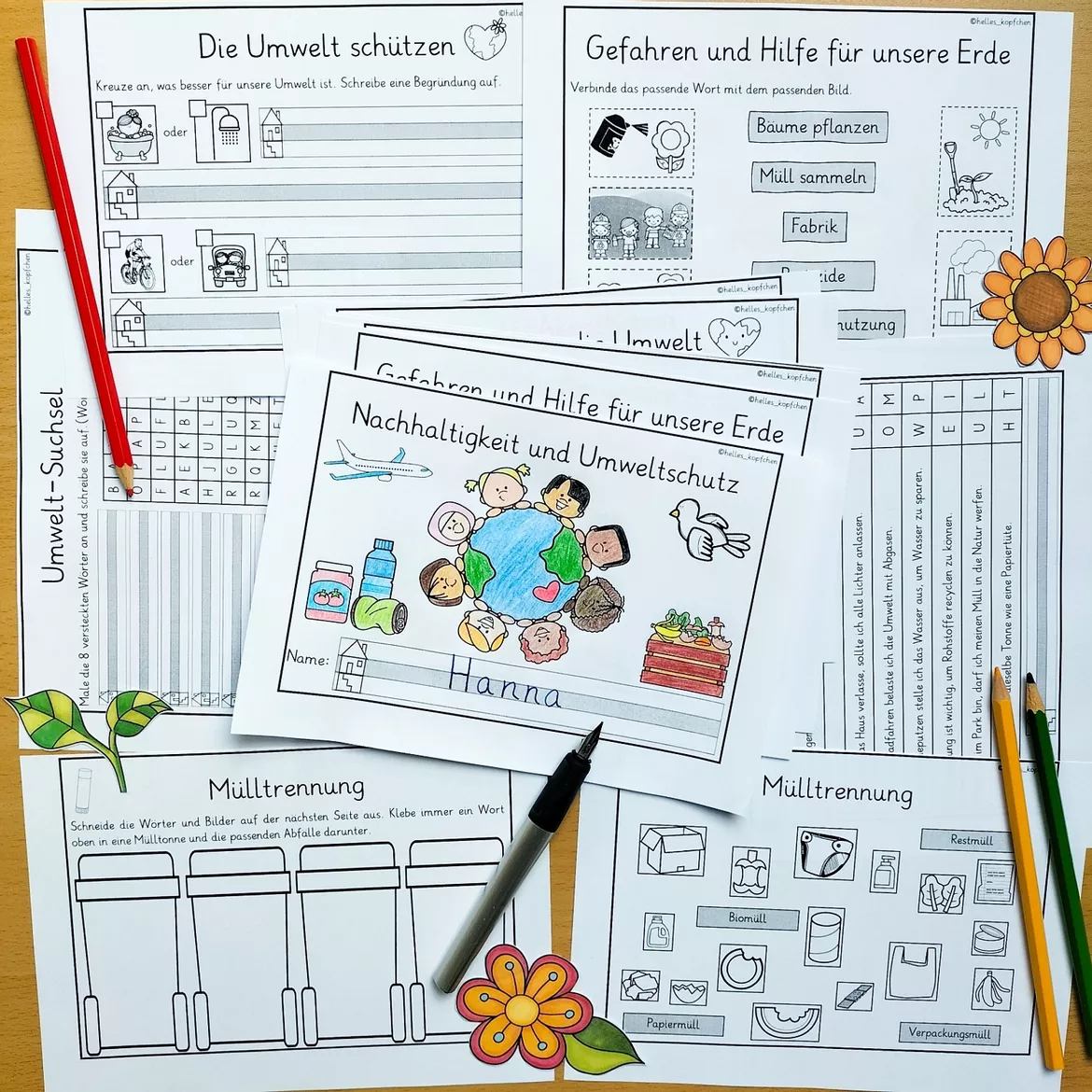Bild in der Beschreibung des Unterrichtsmaterials NACHHALTIGKEIT & UMWELTSCHUTZ Arbeitsheft mit Lösungen Klasse 1 & 2 Tag der Erde / Earth Day von Helles Köpfchen #1