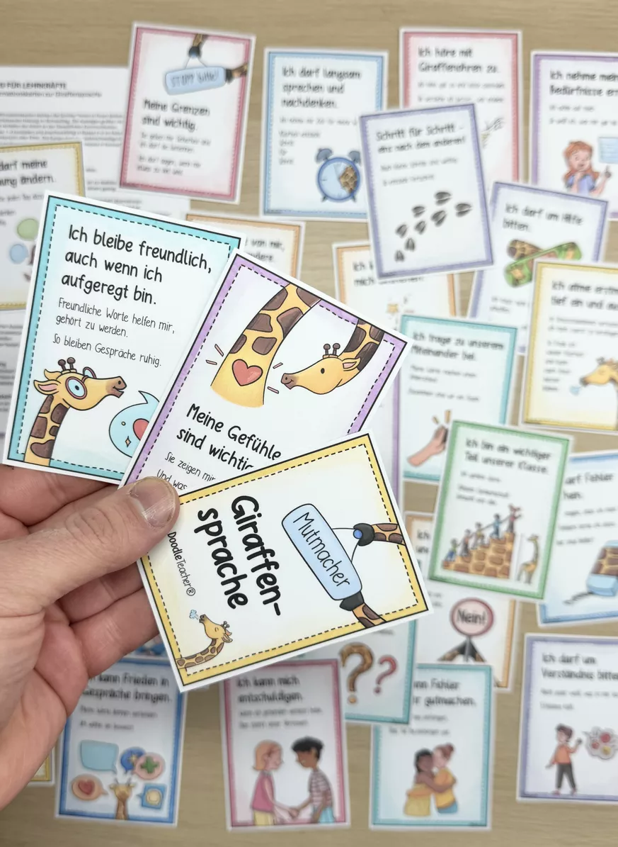 Bild in der Beschreibung des Unterrichtsmaterials 28 Mutmachkarten und Affirmationen zur Giraffensprache – Gewaltfreie Kommunikation stärken von Doodleteacher #1