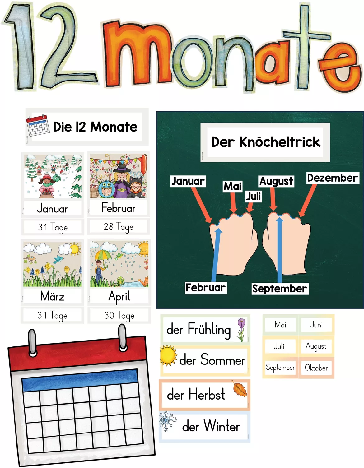Bild in der Beschreibung des Unterrichtsmaterials Rund um das Jahr - Die 12 Monate - Knöcheltrick - Tafelmaterial von FreuleinBerg #1