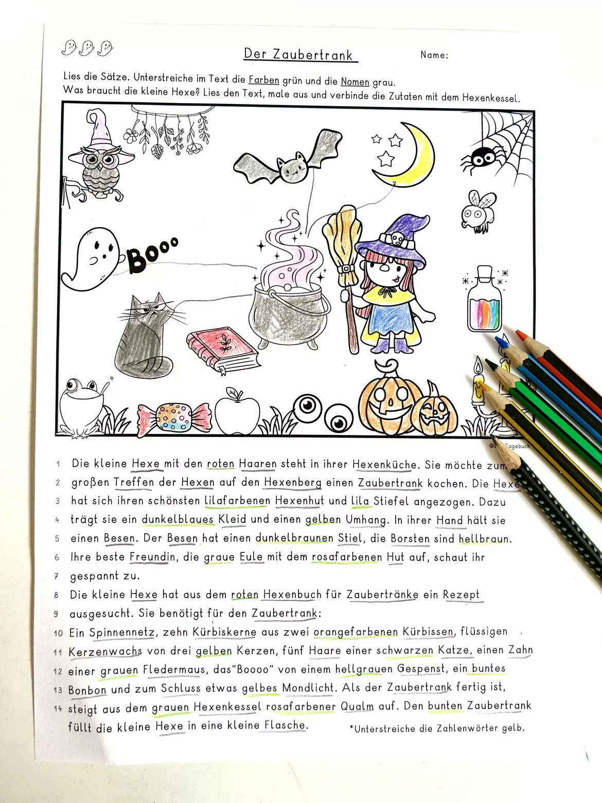 Bild in der Beschreibung des Unterrichtsmaterials Halloween Lesen (zuhören) und Malen der Zaubertrank, Leseverständnis, Lesetraining Klasse 1, 2, 3, 4, DaZ von LernTagebuch #1