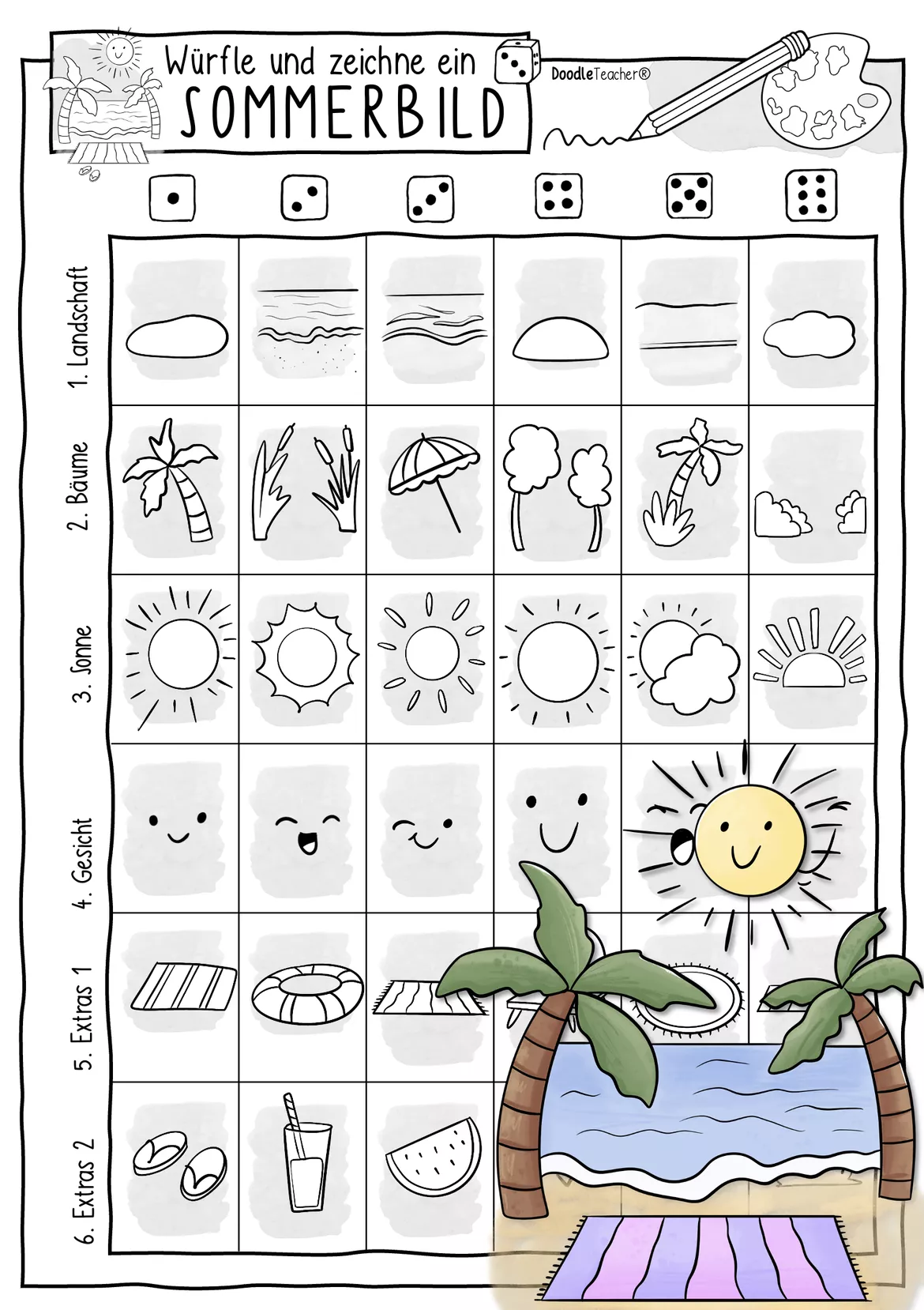 Bild in der Beschreibung des Unterrichtsmaterials Würfle & male ein kreatives Sommerbild / Sommer / Vertretungsstunde von Doodleteacher #1