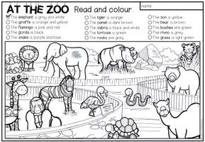 Vista previa - Hojas de trabajo - AT THE ZOO - Read and colour (2 niveles de diferenciación) - página 1