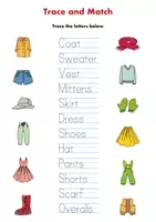 Vista previa - Hojas de trabajo - Clothes worksheet: trace and match, choose word, what to wear in snow, winter shopping / Hoja de trabajo de ropa: trazar y combinar, elegir palabra - página 1
