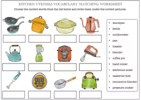 Vista previa - Hojas de trabajo - Kitchen Utensils Matching Worksheets For Kids / Utensilios de cocina que combinan hojas de trabajo para niños - página 1