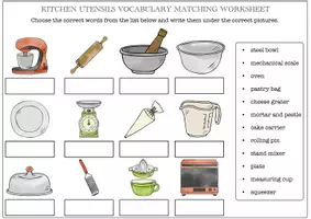 Vista previa - Hojas de trabajo - Kitchen Utensils Matching Worksheets For Kids / Utensilios de cocina que combinan hojas de trabajo para niños - página 2