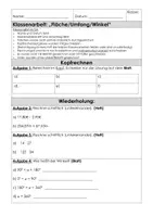 Vorschau - Klassenarbeiten - Mathearbeit Fläche, Umfang von Quadrat und Rechteck, Winkel, Winkelsumme - Seite 1