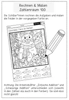 Vorschau - Arbeitsblätter - Herbst - Rechnen und Malen - Zahlenraum 100 - leichte und schwierige Addition - Seite 1