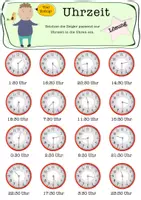 Vorschau - Arbeitsblätter - Hurra! Arbeitsblatt zum Thema Uhrzeit. Kinder lernen die Uhr lesen: halbe Stunden - Seite 1