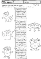 Vorschau - Arbeitsblätter - Monsters: colours and body parts - worksheets/Arbeitsblätter "Who says...?" - Seite 1