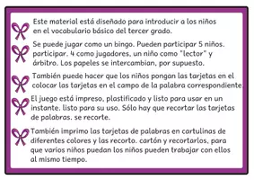 Vista previa - Unidades / Secuencias / Situaciones de Aprendizaje - Bingos de lectura de vocabulario básico para el tercer grado. - página 2