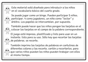 Vista previa - Unidades / Secuencias / Situaciones de Aprendizaje - Bingo de lectura Vocabulario básico del alemán 4 para el cuarto grado - página 1