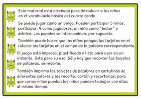 Vista previa - Unidades / Secuencias / Situaciones de Aprendizaje - Bingo de lectura Vocabulario básico del alemán 6 para el cuarto grado - página 1