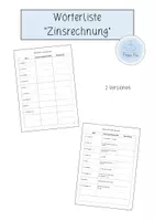 Vorschau - Arbeitsblätter - Wörterliste - Zinsrechnung (Klasse 8) - Deckblatt