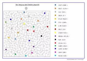 Vorschau - Arbeitsblätter - Addition, Subtraktion, Multiplikation und Division von Dezimalzahlen: Lernspiel Der Weg aus dem Mathelabyrinth - Deckblatt