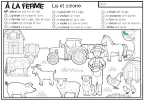 Vista previa - Hojas de trabajo - À LA FERME - Lis et colorie (2 niveles de diferenciación) - página 1