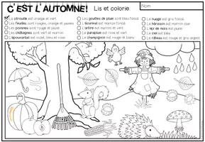 Vista previa - Hojas de trabajo - C’EST L’AUTOMNE! - Lis et colorie (2 niveles de diferenciación) - página 1