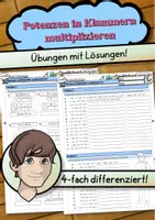 Vorschau - Arbeitsblätter - Potenzen in Klammern multiplizieren - Übungsblatt mit Lösungen (4-x diff.) - Deckblatt