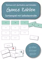 Vorschau - Stationenlernen - Ganze Zahlen: Rechnen mit Guthaben / Schulden - Sortierspiel (Mathematikspiel) - Deckblatt