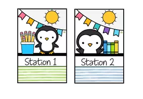 Vorschau - Stationenlernen - Stationsschilder für Stehrahmen – Stationenbetrieb - Pinguinklasse - Seite 1