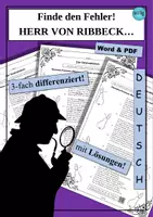 Vorschau - Arbeitsblätter - Finde den Fehler in der Ballade HERR VON RIBBECK von Fontane - Word & PDF - Deckblatt