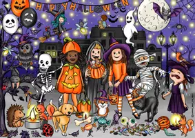 Vorschau - Stationenlernen - Wimmelbild Suchbild Bildkarte "Halloween" - Seite 1