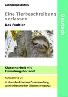Vorschau - Klassenarbeiten - Klassenarbeit - Tierbeschreibung - Tiere beschreiben - Faultier - Deckblatt