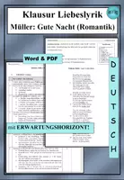 Vorschau - Klassenarbeiten - Klausur Gedichtanalyse Romantik Liebeslyrik Gute Nacht - als PDF & Word - Deckblatt