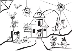 Vorschau - Mal- und Bastelvorlagen - Ausmalbild Monsterparty am Geisterschloss - Seite 2