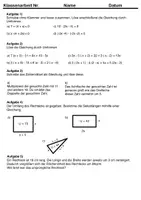 Vorschau - Arbeitsblätter - Klassenarbeit - Gleichungen inkl. Lösungen - Deckblatt