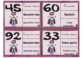 Aperçu - Cartes d'exercices - Atelier super-héros 5 : Associer le nombre à l'écriture - Page 1