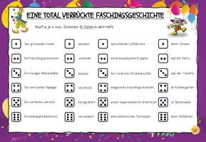 Vorschau - Arbeitsblätter - Verrückte Faschingsgeschichte / Lustige Würfelsätze / Fasching / Kreatives Schreiben - Seite 1