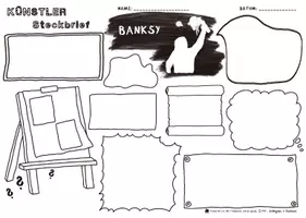 Vorschau - Mal- und Bastelvorlagen - Beeindruckende Persönlichkeiten - Künstler Steckbrief - BANKSY - Streetart-Kunst - Graffity - Schablonengraffity - Seite 1