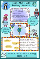 Vorschau - Spiele - Lese-Merk-Kartei Fasching, Karneval, Klasse 1, Klasse 2, Lesetraining, differenziert, Sätze oder Wörter lesen und merken - Deckblatt
