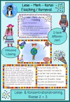 Vorschau - Spiele - Lese-Merk-Kartei Fasching, Karneval, Klasse 2, Klasse 3, Lesetraining, differenzierte Texte - Deckblatt