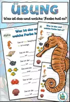 Vista previa - Hojas de trabajo - "Was ist das und welche Farbe hat es?" Pronombres personales - Animales en el mar - Alemán - Portada