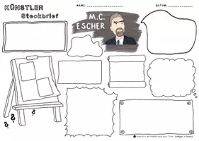 Vorschau - Arbeitsblätter - Beeindruckende Persönlichkeiten - Künstler Steckbrief - M. C. Escher - Grafiker / Mezzotintotechnik, Ornamentik, Parkettierung, unmögliche Figuren, Lithographie, optische Täuschung - Seite 2